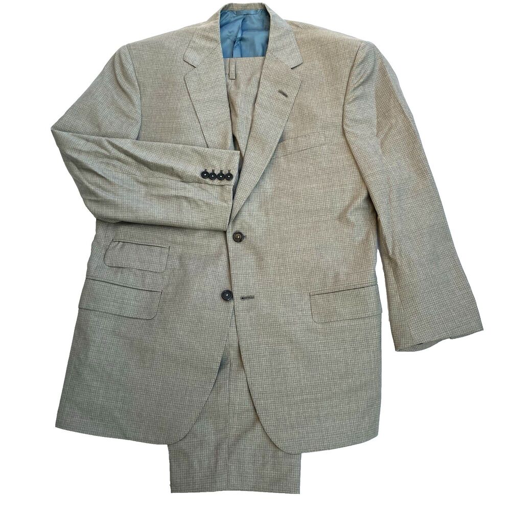 Oxxford Clothes Suit Surgeon Cuff Bespoke 42 44 S Pants 34 Check Plaid Tan Gray